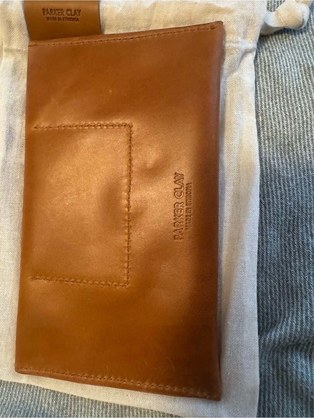 Parker Clay tan leather envelope clutch with drawstring bag - Picture 2 of 5